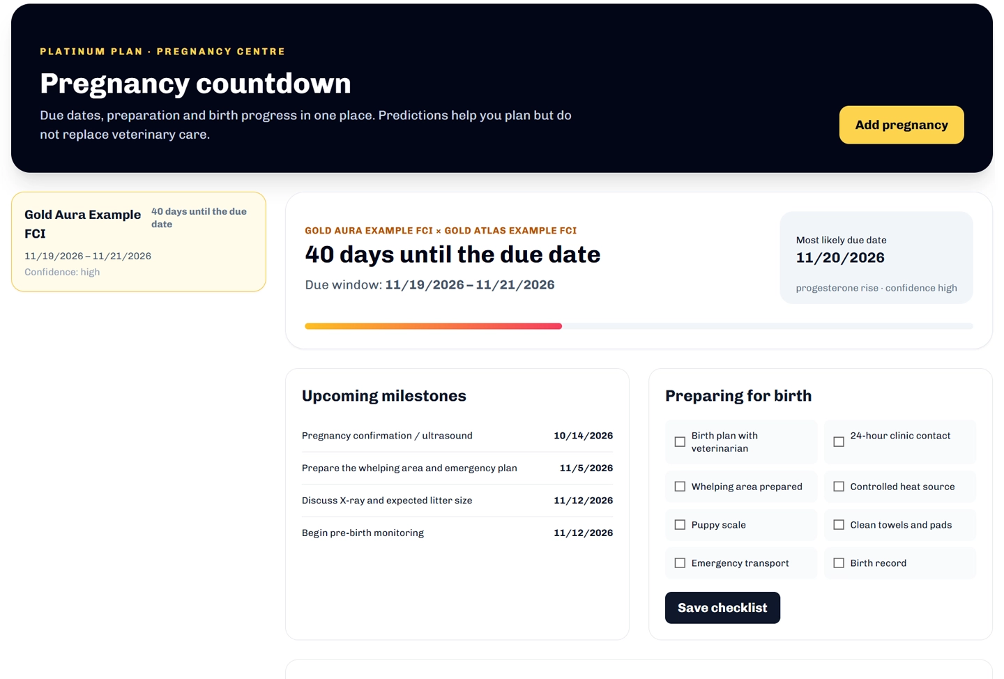 Pregnancy countdown in the BreedCode breeding dashboard